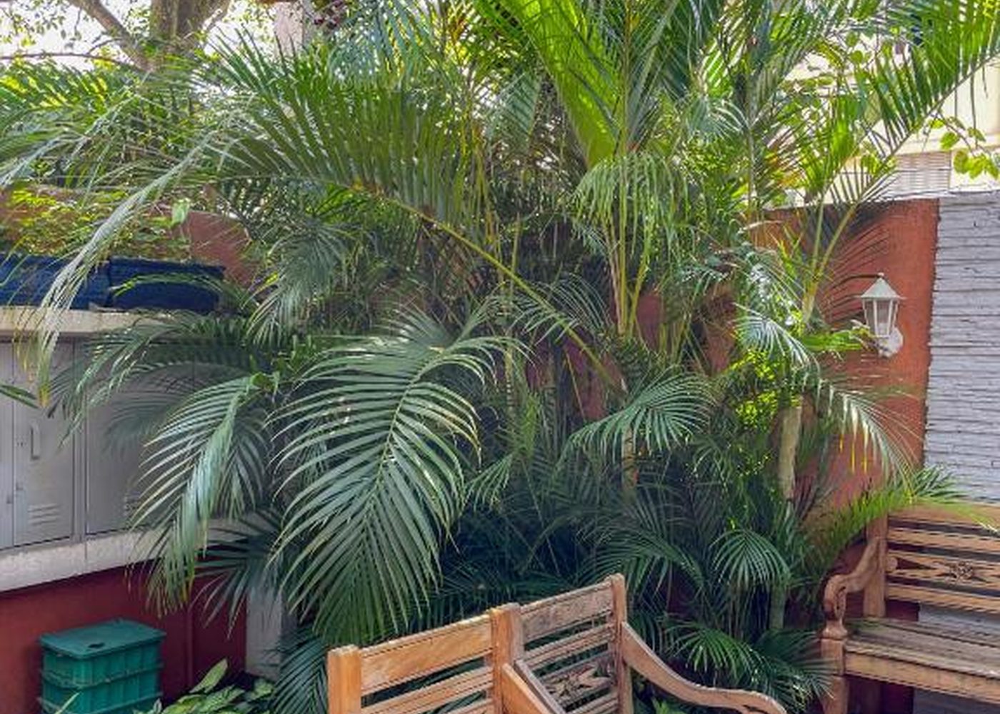 Banco de madeira no jardim da pousada